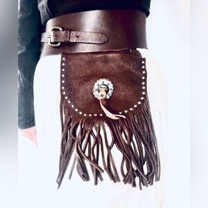 Fringed Western Brown Leather Waist Bag - Women Bags * belt not included